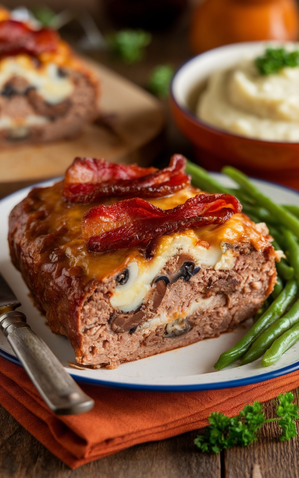 Slice of bacon mushroom Swiss cheese meatloaf with mashed potatoes and green beans on a rustic table.